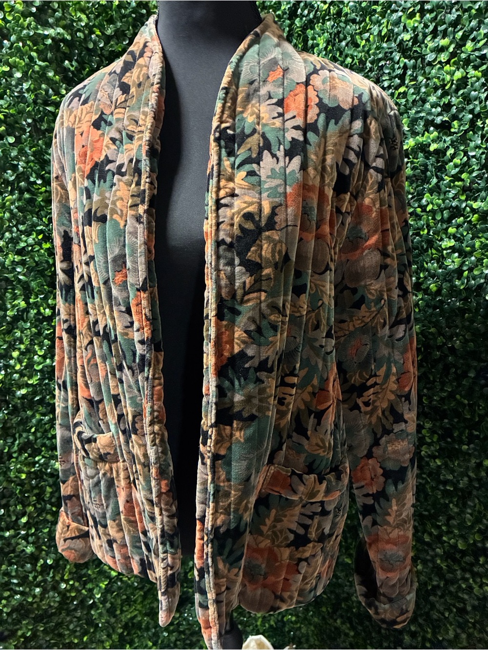 Vintage Quilted Floral Velvet Open-Front Cardigan Jacket - Multicolor